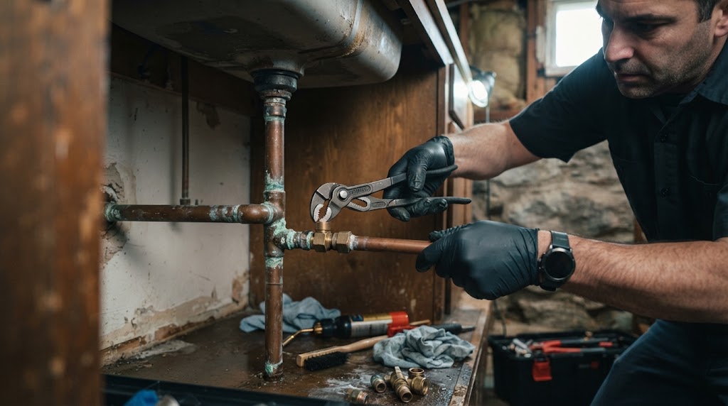Technician performing pipe leak repair in West New York NJ